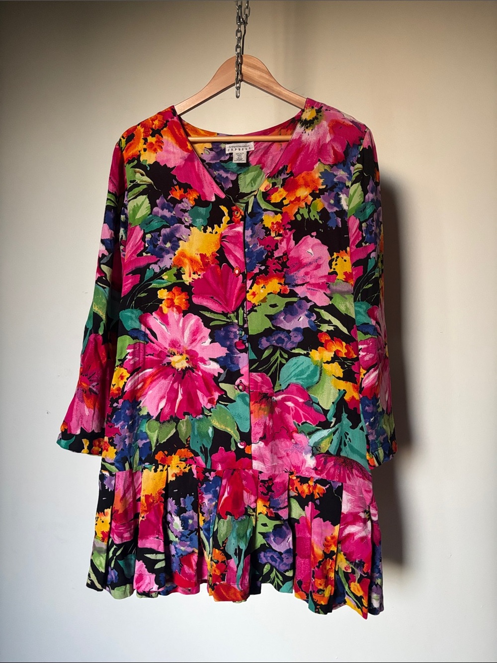 Vintage Express Floral Long Sleeve Button Up Shirt Dress Ruffled Hem Size Medium